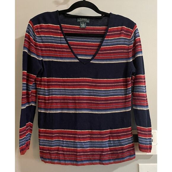 Lauren Ralph Lauren Sweater Linen Blend Striped‎ VNeck Long Sleeve Medium - Picture 1 of 6